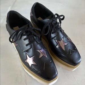 Stella McCartney made in Italy Elyse Stars Platform Black Leather Shoes Size 34